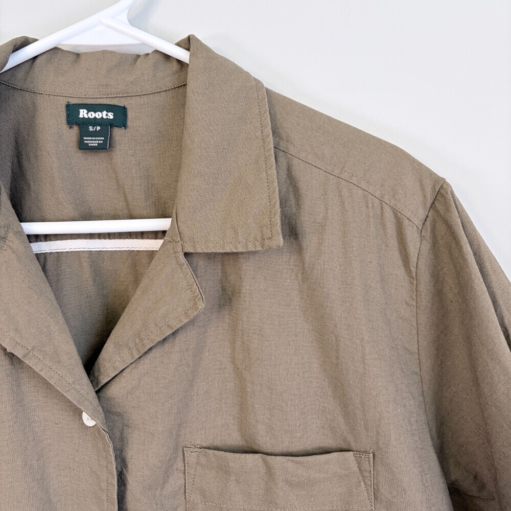 Roots Button Down Hemp Short Sleeve Safari Earthy Olive Green Women's Size Small